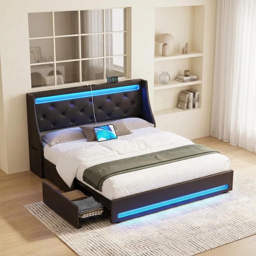 ^Modern Upholstered Soft Bed with Tufted Design Plastic Frame Box Spring Storage Charging Station LED Lights 140x200cm