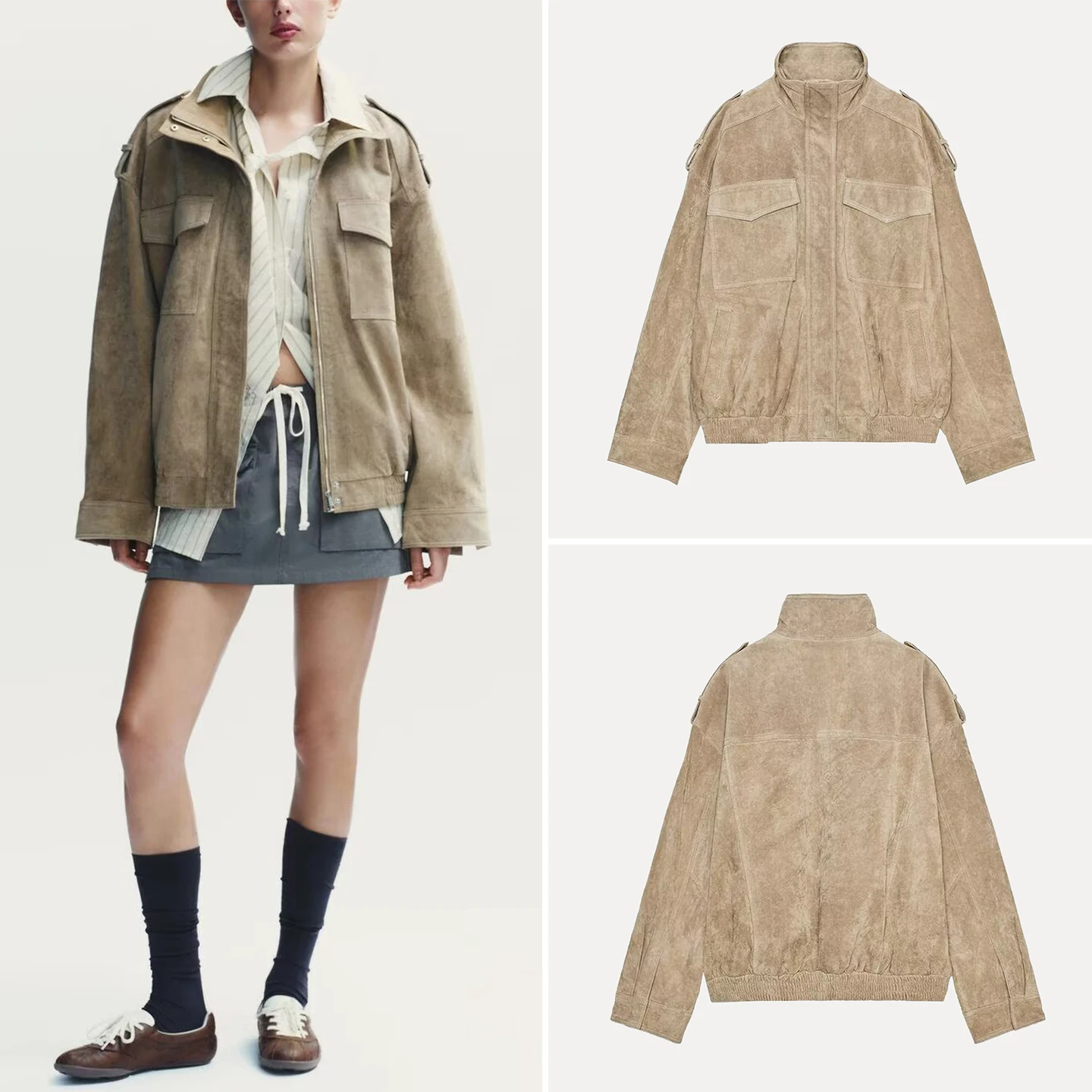 

Женская бархатная кожаная куртка Ele, модная осень 2023, брендовая верхняя одежда Z с подставкой, женское пальто