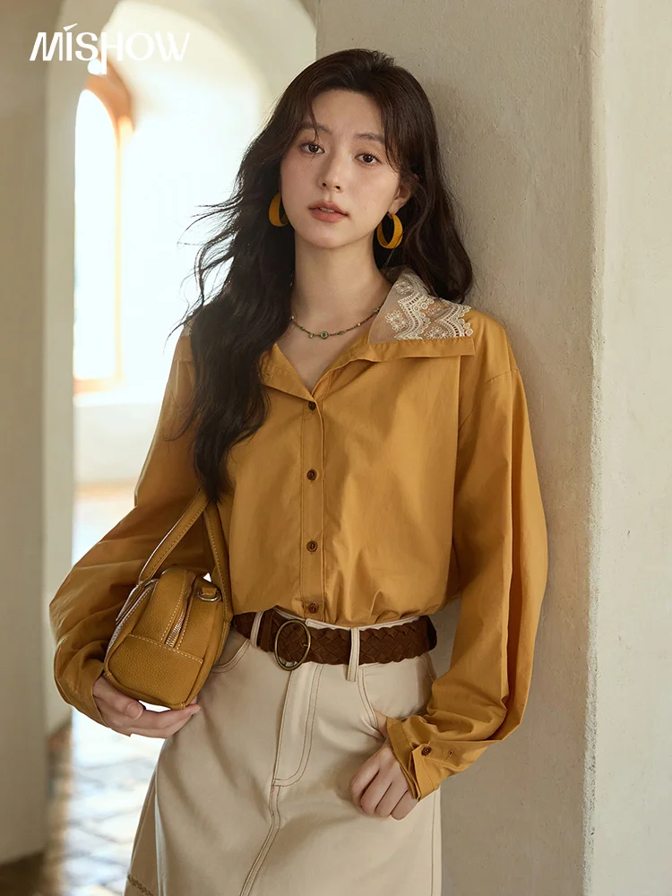 

MISHOW, осенняя однотонная хлопковая рубашка, осенние двухслойные кружевные рубашки с v-образным вырезом в стиле ретро, однобортные топы, офисные женские топы MXE41C2366