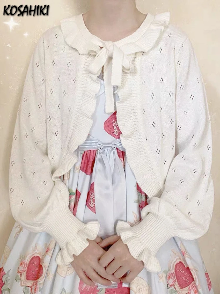 KOSAHISYELLO-Cardigan Lolita Japonais Kawaii pour Femme, Pull Vintage à Manches Lanternes, à Volants Fins, Manteau avec Espèce de Kardigany, Mignon Y-Girls