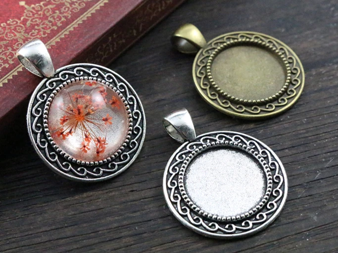 10pcs 18mm Inner Size Antique Bronze And Silver Plated S Texture Style Cabochon Base Cameo Setting Charms Pendant