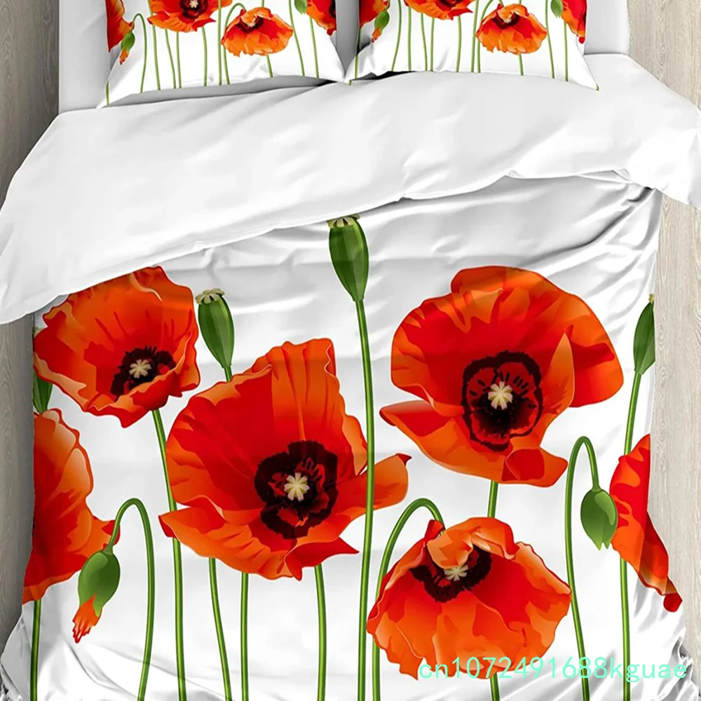 Floral Bedding Set Comforter Duvet Cover Pillow Shams Poppies Of Spring Season Pastoral Flowers Bot Bedding Cover Double Bed Set