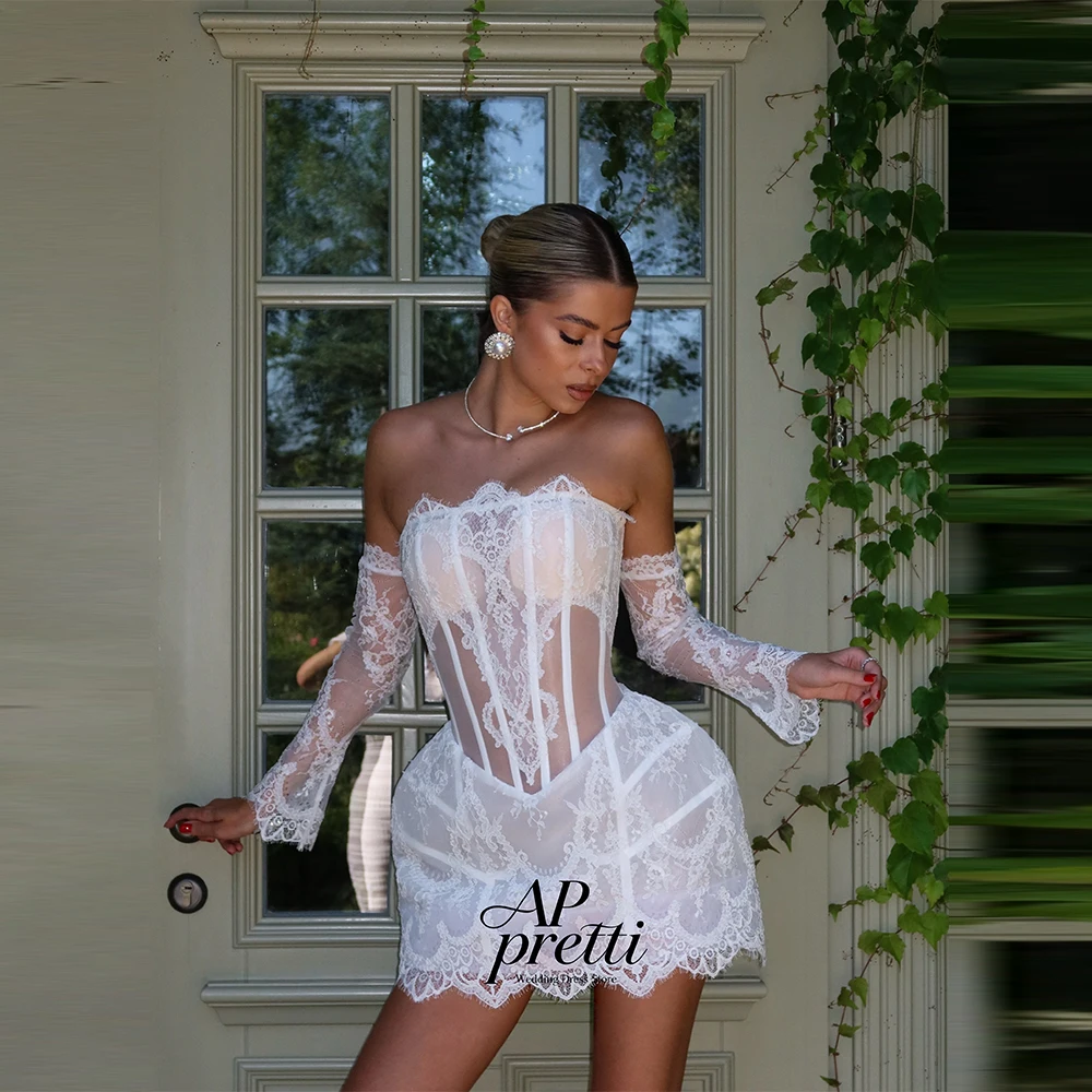 AP pretti Fantasy Lace Mini Wedding Dress Strapless Customized Sleeveless A-line Mini-Length Bridal Gown Vestidos Novias Boda  