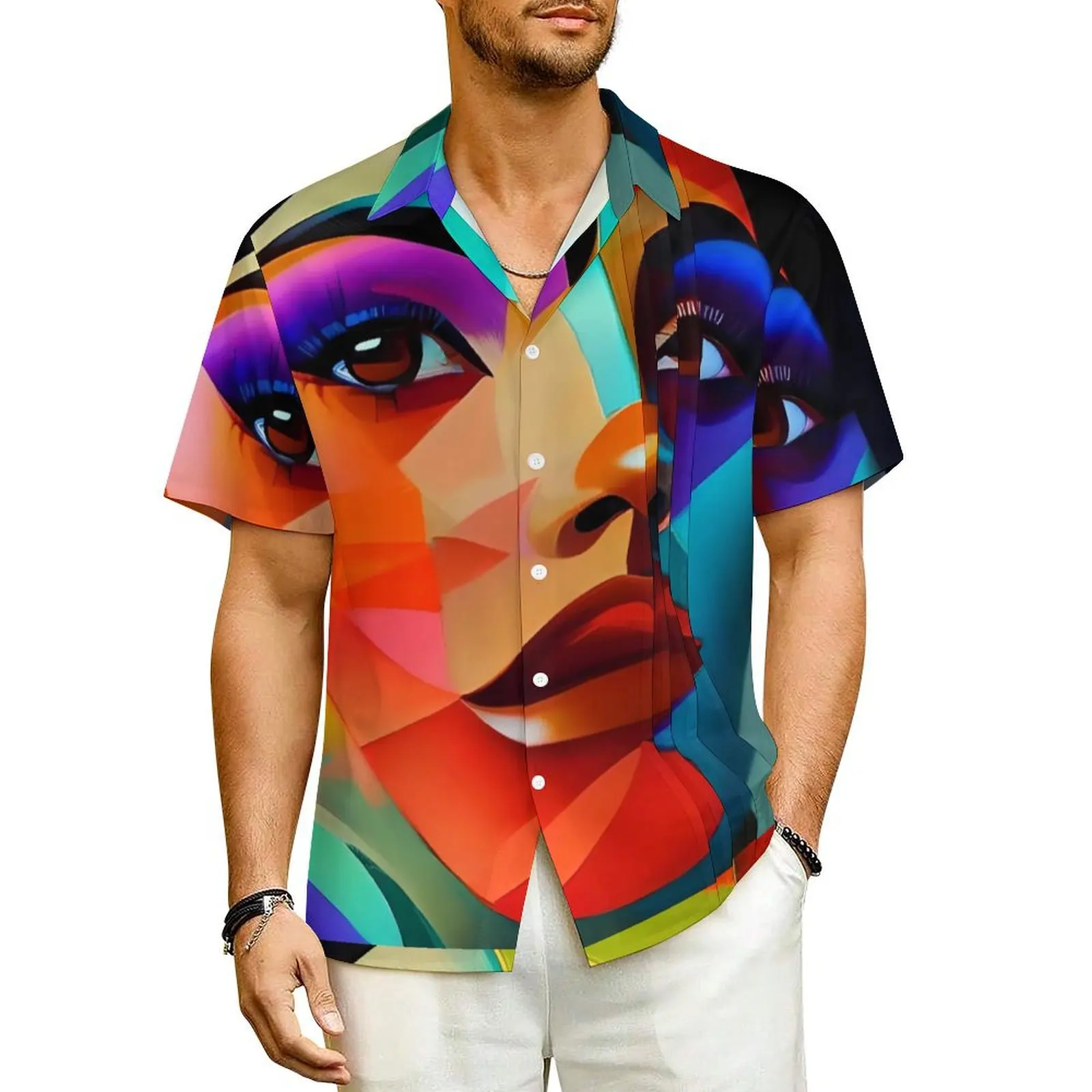 

Colorful Lady Face Hawaii Shirt For Male Vacation Abstract Board Casual Shirts Short-Sleeve Stylish Classic Oversized Blouses