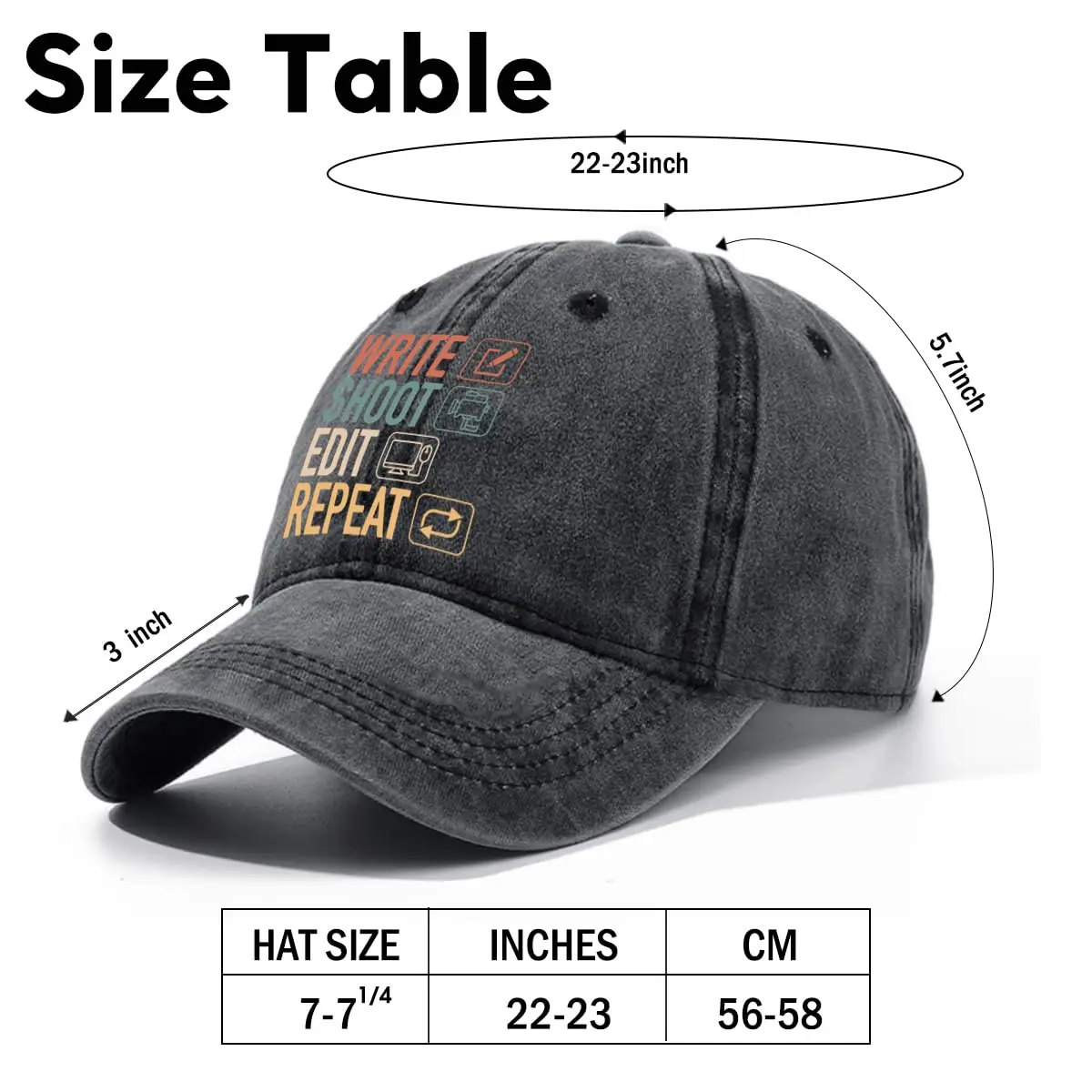 Write Shoot Edit Repeat Adjustable Washed Cotton Baseball Cap Funny Retro Trucker Hat for Men Women Vlogger Journalist