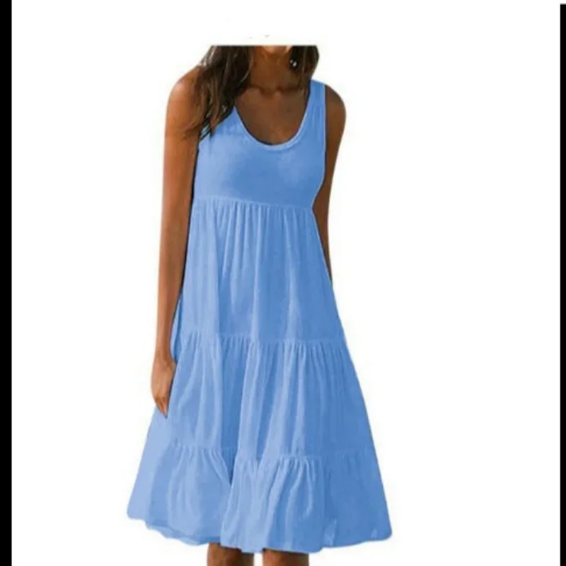 Vestido casual de mujer bohemio sin mangas con escote redondo y volantes, color liso, estilo playero, holgado y suelto, talla plus para mujer 3029 6