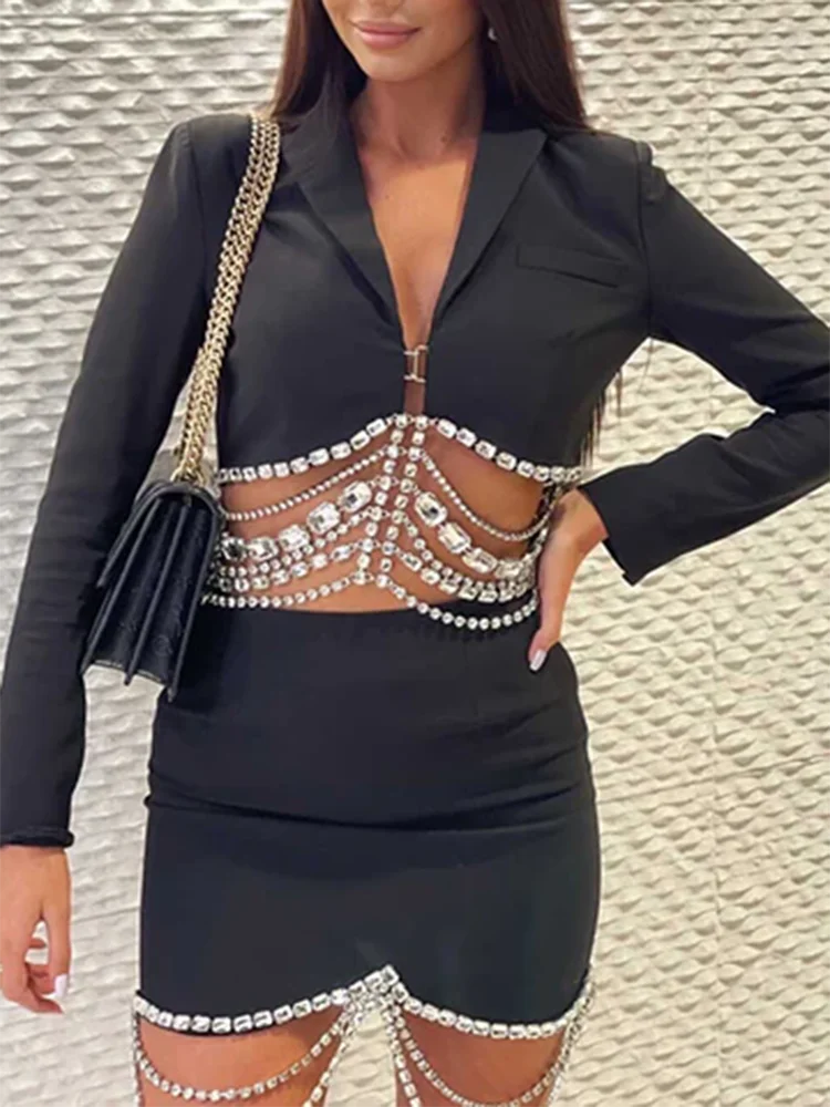 VGH Solid Spliced Chain Two Piece Set For Women Notched Collar Long Sleeve Blazer High Waist Short Skirts Sexy Chic Sets Female