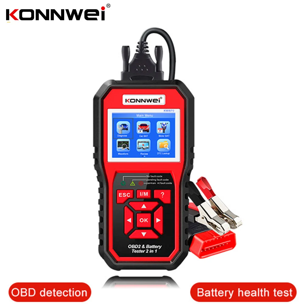 KONNWEI KW870 6V 12V Car Motorcycle Battery Tester OBD2 Diagnostics Tool Scanner 2 in1 Cranking Charging Test Tools for the Car