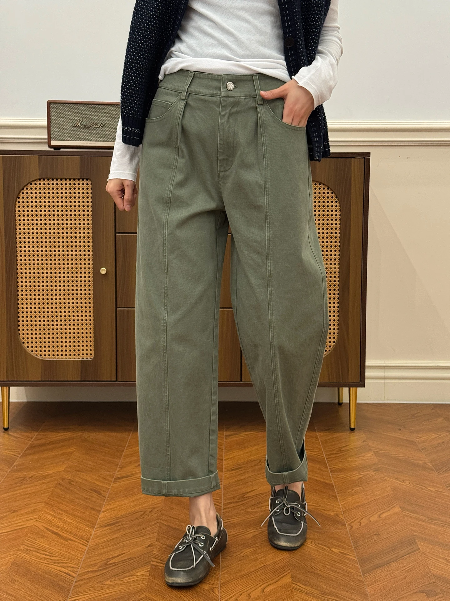 Retro Washed Straight Leg Pants Women's Spring Summer Loose Nine Points Casual Trousers Casual Style Natural Waist Button Clo...