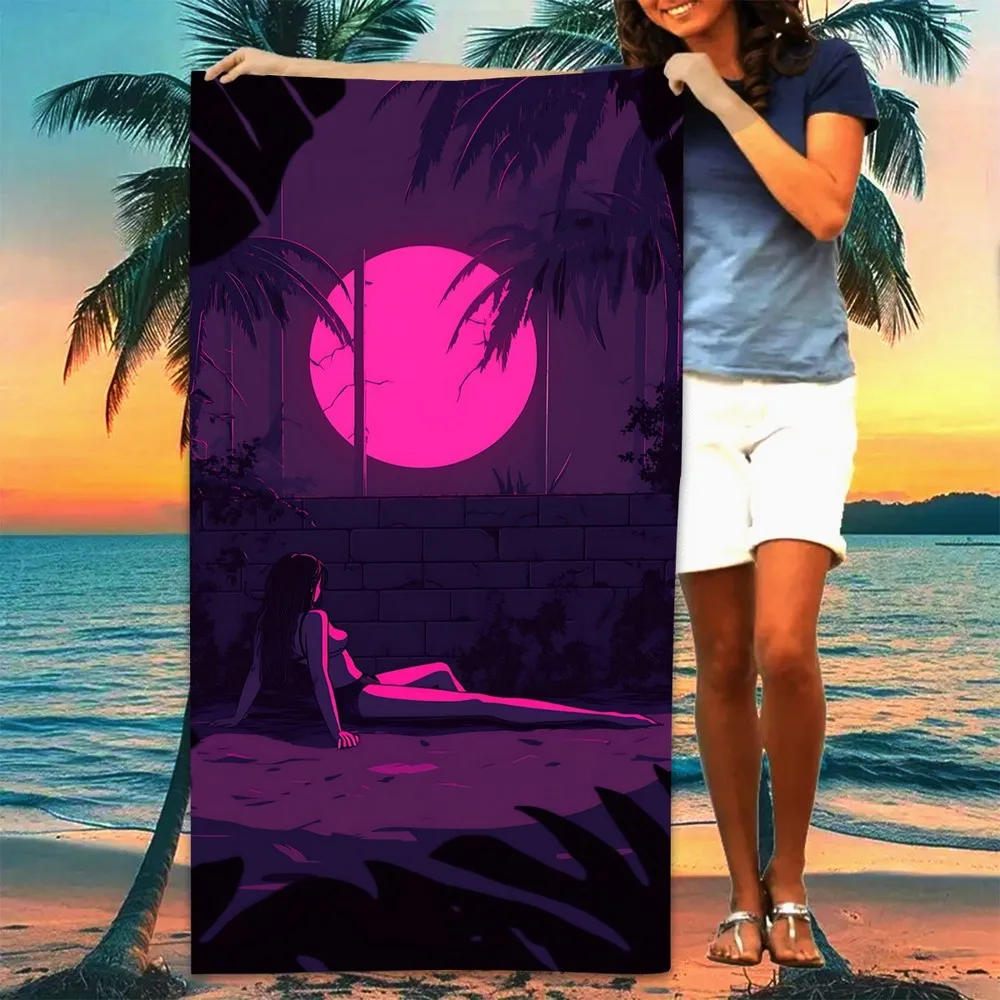 Vaporwave Sunset Girl Beach Towel Patterned Sunscreen And Windproof Suitable For Swimming Pool Camping Travel Blanket