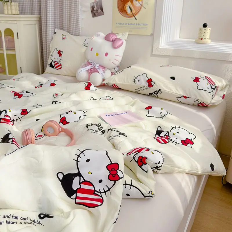 Anime hello kitty verão fresco colcha ar condicionado bonito casa lavada colcha de algodão estudante colcha fina núcleo máquina lavável