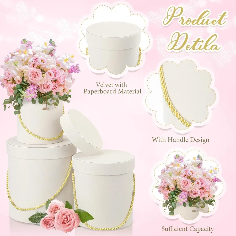 6 Pcs Veet Round Flower Box with Lids Veet Nesting Gifts Box with Handle for Wedding Holiday Luxury Flower Gift Arrangement Bri