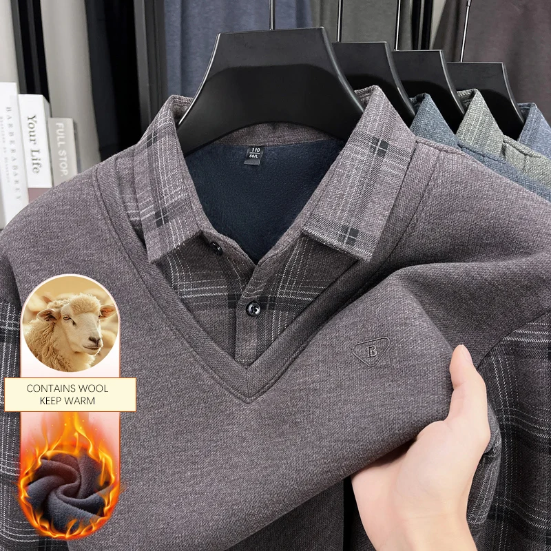 

Plus Autumn Winter Fleece Polo Shirt Male Luxury Men's Long-sleeved Polo Shirt Casual Slim Warm Fake Two Man Tops