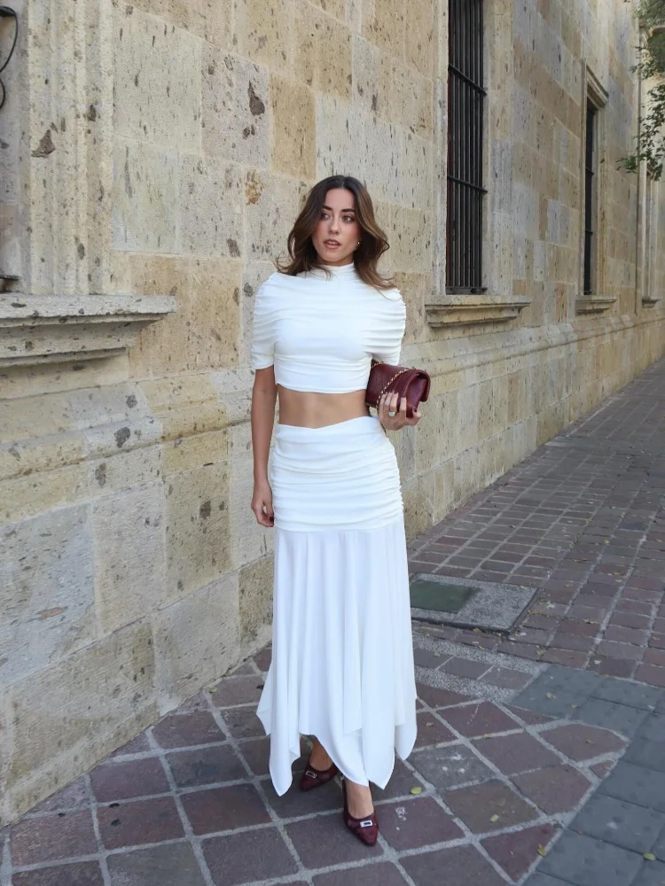 

Women 2-piece Ruffled Crop Top Long Skirt Elegant High Neck Short Sleeved Ruffled Top Asymmetrical Skirt Party Wear Matching Set