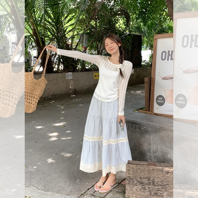 Top da donna primavera estate in stile coreano con scollo rotondo e maniche lunghe, alla moda, elegante e versatile per l'uso quotidiano