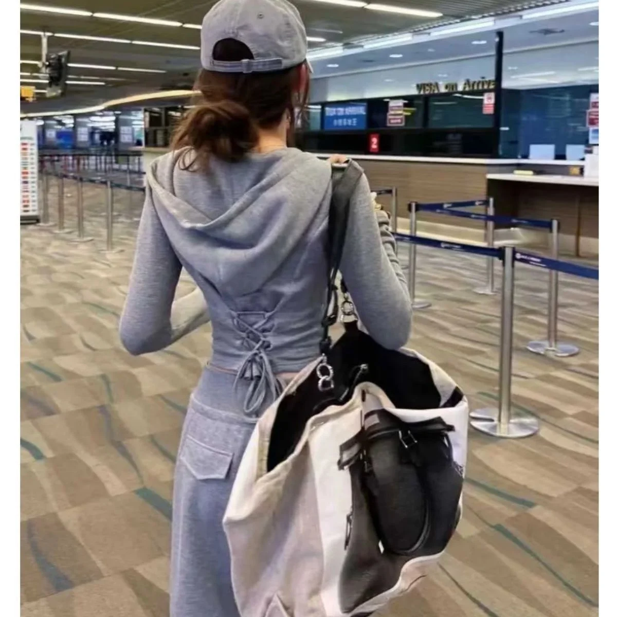 Women's Grey Y2K Edgy Tracksuit Set-Wide Leg Drawstring Pants & Lace-Up Back Hooded Top Slim-Fit Casual Streetwear Spring Autumn