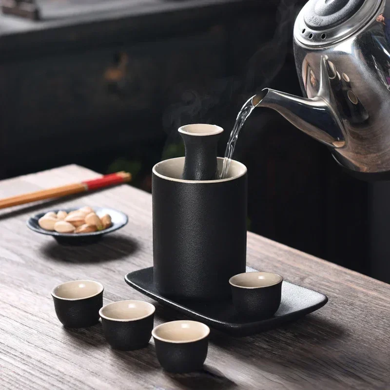 7Pcs Ceramic Japanese Wine Warmer Tray 1 Sake Bottle 1 Pot Warmer 4 Cups for Hot or Cold Wine Mug Set