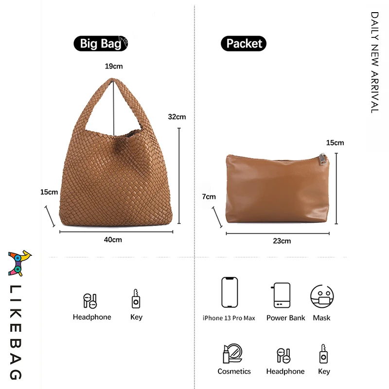 LIKEBAG Fashion Ladies Original Hand Woven  Handbag PU Leather Woven Women Large Capacity Tote Bag With Small Bag