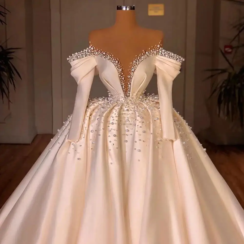 

Satin Wedding Dresses For Women 2024 Off Shoulder Court Train Bridal Gown New Luxury 3 In 1 Pearls Party Princess Prom Dress