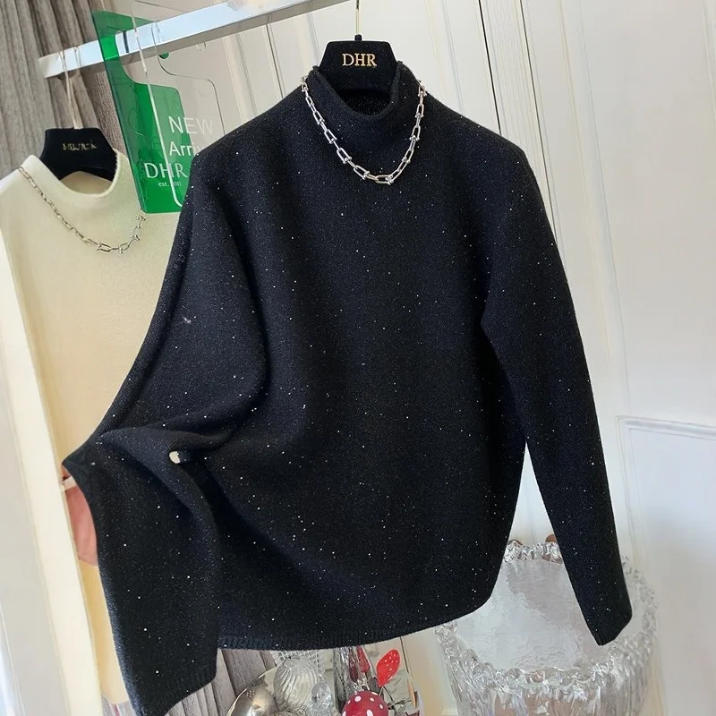 

Men's plus Size 300 Pou Spring Autumn Semi-High Collar Glitter Inteated Knitted irt Cool And Haome Top
