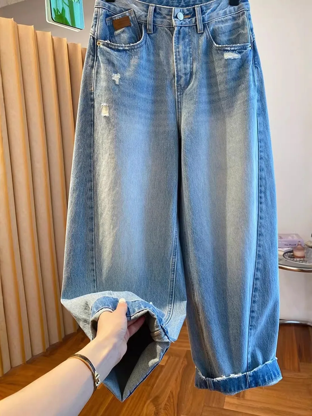 

Джинсы женские летние с высокой талией, свободного кроя, стройнящие, скрывающие недостатки фигуры, прямые широкие брюки, повседневный стиль, синий цвет