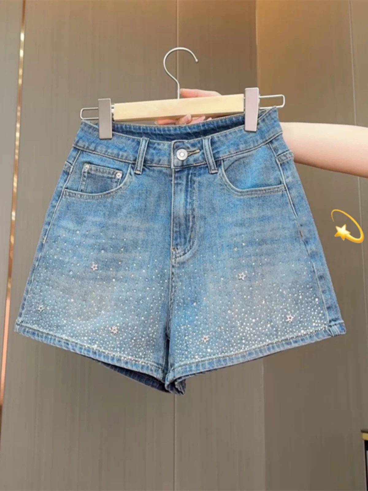 New Women's Short Jeans High Waist Distressed Diamonds Tassel Loose Wide Leg Luxury Denim Shorts 2025 Spring Fashion Wh14