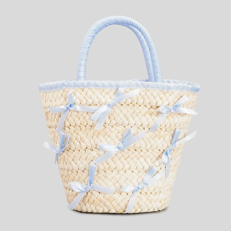 Novedad de verano, bolsos de mano tejidos de estilo suave con cinta de pajarita, bolsos de playa de colores puros para niñas, bolso de diseñador TOBO