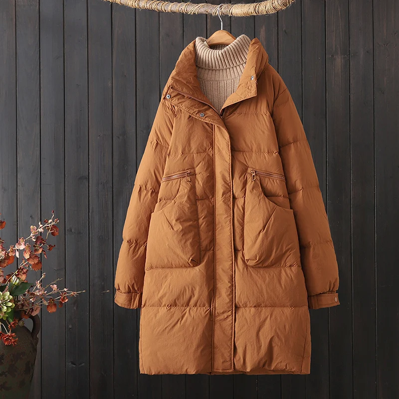 Prendas de vestir de otoño e invierno, abrigo grueso de plumón de pato blanco, Chaqueta larga de plumón para mujer, abrigo cálido informal con cuello levantado de talla grande 2026