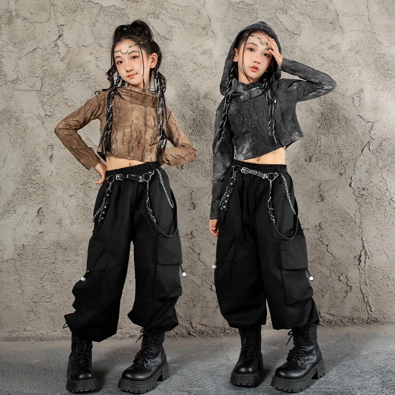 Modern Kpop Girls Jazz Dance Clothes Hooded Crop Tops Black Cargo Pants Kids Hip Hop Outfits Stage Performance Costume BL14519