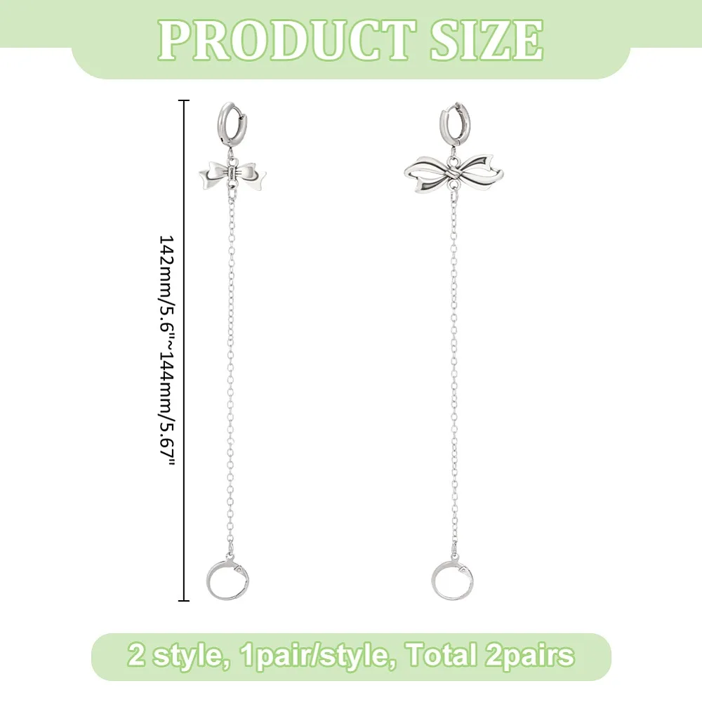2Piar 201 304 Stainless Steel Hoop Earrings with Brass Chains and Alloy Pendants Bowknot Stainless Steel Color 142~144mm