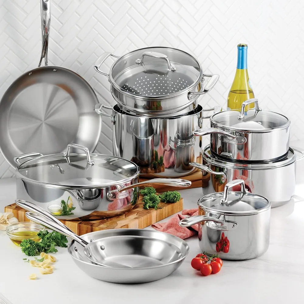 Tri-Ply Clad Stainless Steel 14-Piece Cookware Set with Glass Lids, Pots and Pans Kitchen Set, Induction-Ready, Dishwasher-Safe