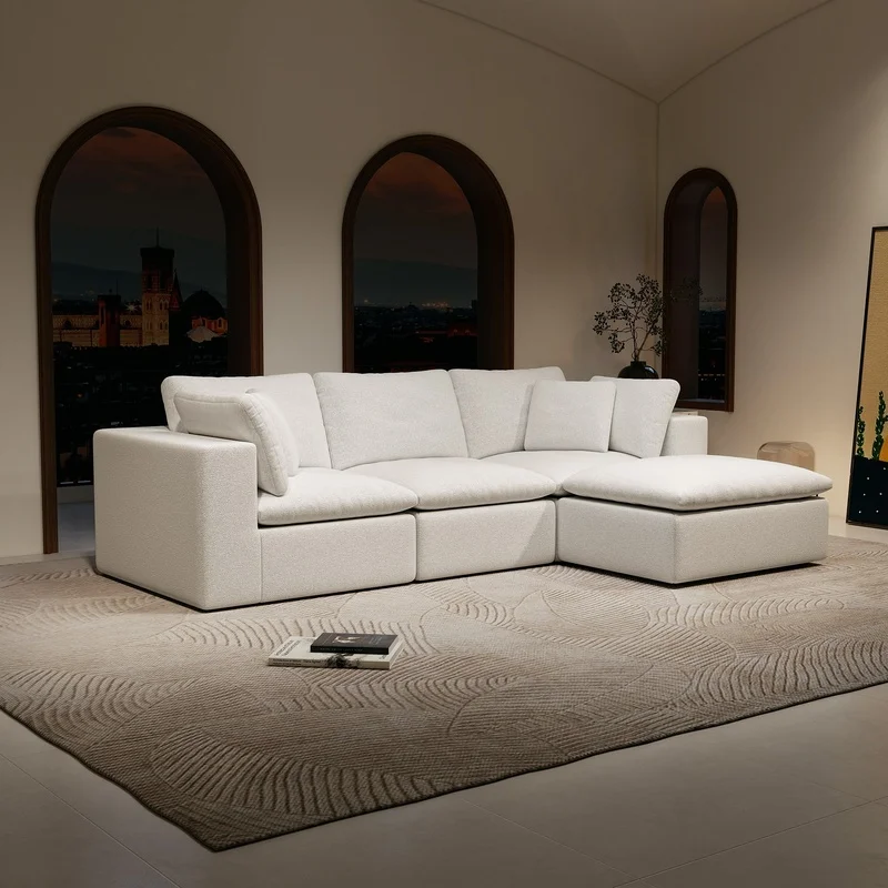 

White Modular Sectional Sofa Seat, 4-Piece Compressed Upholstered Couch for Living Room Bedroom Apartment, Plush Corduroy Fabric, No Assembly Required