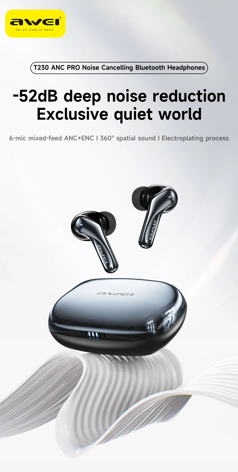

Awei T230 ANC ENC Wireless Headphones Over-Ear 98dB Headphone Bluetooth 6.0 40mm Dynamic Driver Long Battery Life Earphones