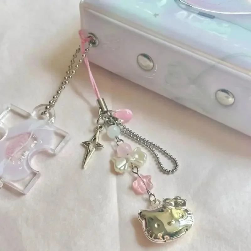 Kawaii Hello Kittys Cell Phone Rope Chain Cute Cartoon Pendant Phone Chain Handmade Beads Charm Keychain Accessories Girls Gifts