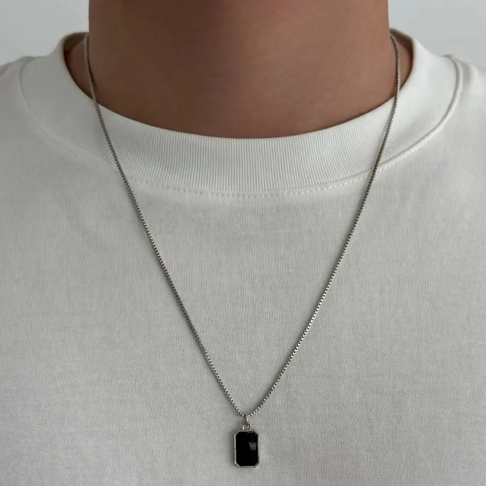 SHIXIN Fashion Square Black Oil Drop Pendant Necklace Men Minimalist Silver Color Thin Clavicle Chain Charm Jewelry Party Gifts