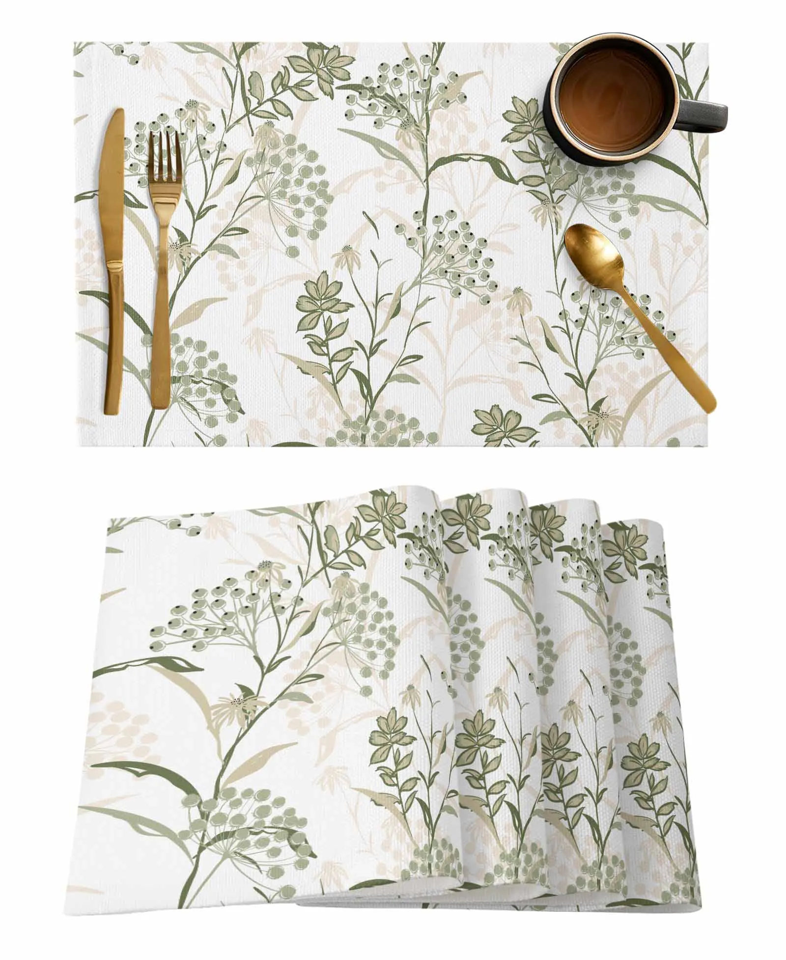 Plant Texture Fruit Sage Green Kitchen Tableware Cup Bottle Placemat Coffee Pads 4/6pcs Desktop Mats