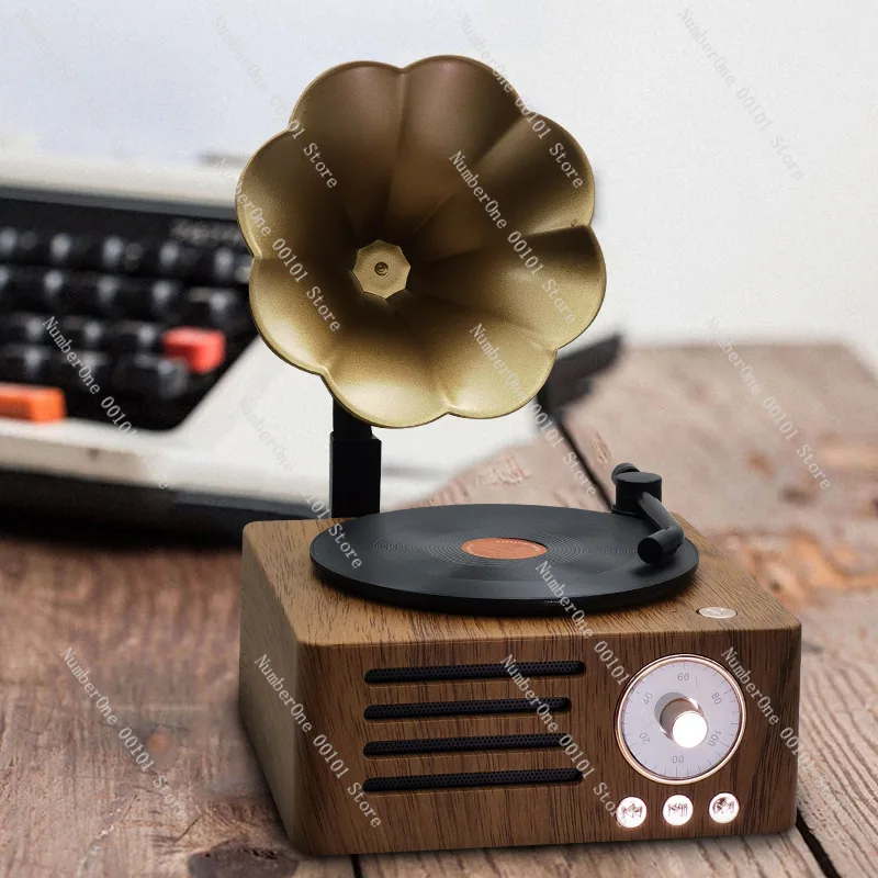 Retro morning glory bluetooth speaker retro wood grain radio stereo vinyl phonograph shape record player stereo