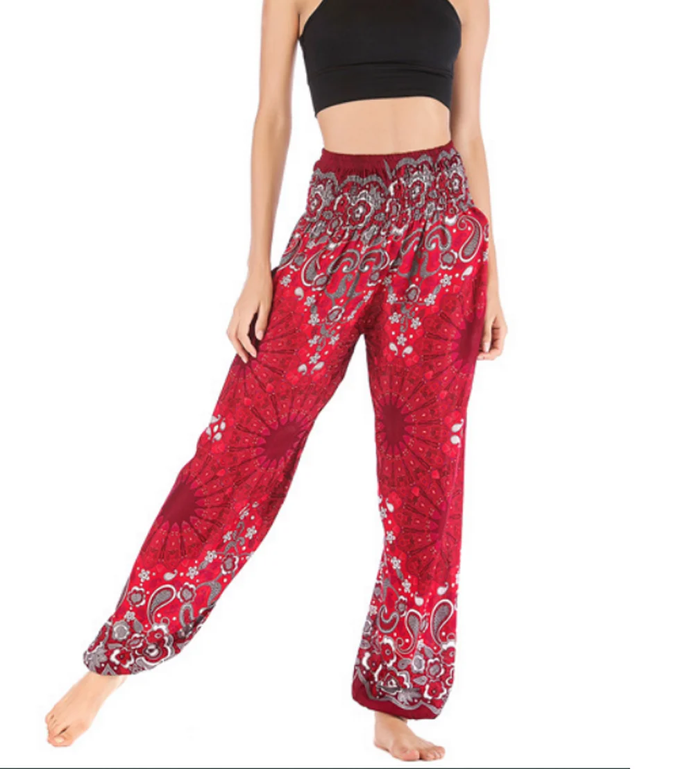 Boho Yoga Pants Wide Leg Women Harem Bohemian  Vintage Print  loose fit Boho Hippie high waist Smocked Waist Beach   Hippie