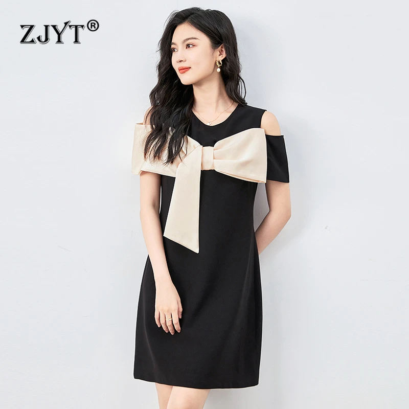 

ZJYT Elegant Women Off The Shoulder Dresses Summer 2024 Designer Bowknot Patchwork Short Black Pink Dress Casual Party Vestidos