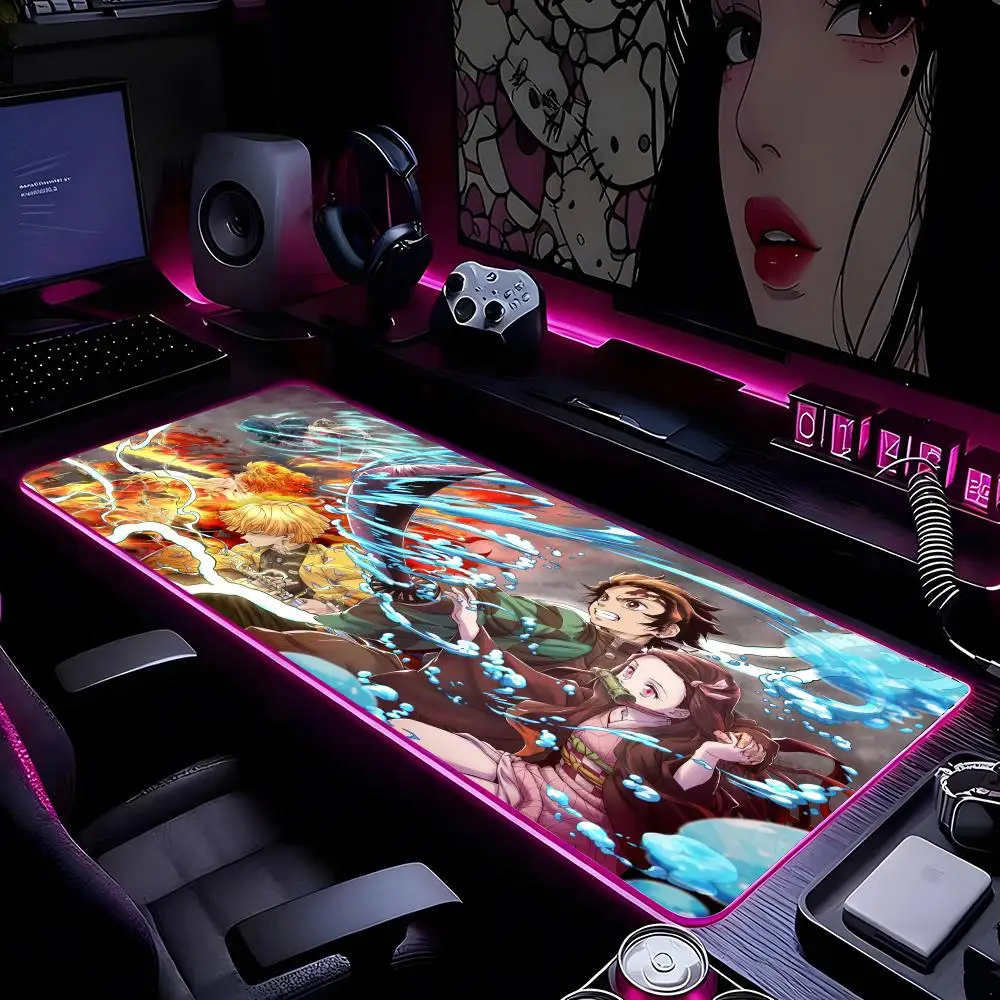

Коврик для мыши в стиле аниме D-Demon Slayer, коврик для мыши с HD-печатью, компьютерный геймерский запирающийся край, нескользящий коврик для мыши RGB XXL90x40 см, клавиатура, ПК D
