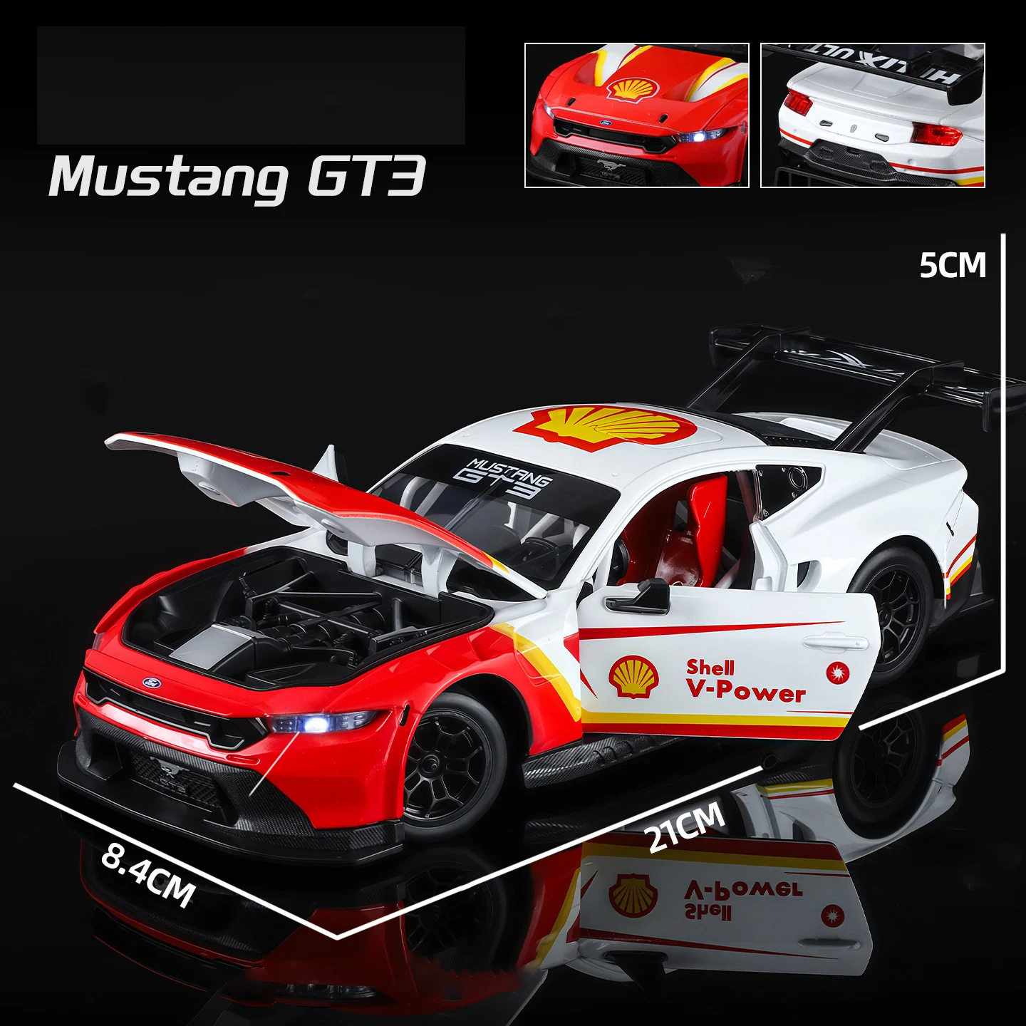 Nuevo modelo de coche de aleación Ford Mustang GT3 1:24, sonido y luz, juguete coleccionable para niños, regalo de cumpleaños