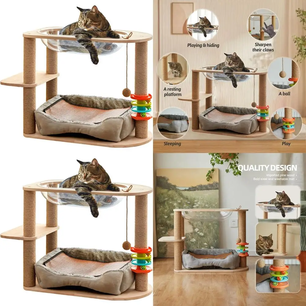 

Двухуровневый кошачий комплекс с лежанкой, гамаком, когтеточкой и подвесными игрушками для крупных кошек и котят, серый