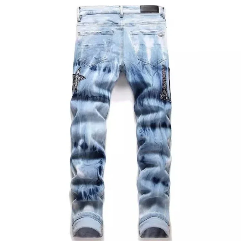 Y2K Star Embroidery Broken Hole Jeans Tie Dyed  Light Blue Cotton Stretch Streetwear Fashion Brand Men's Skinny Denim Pants