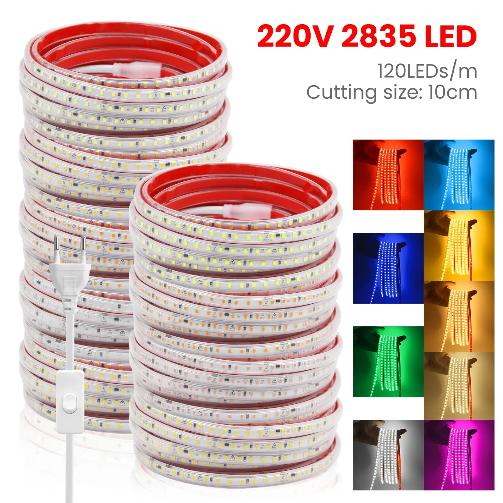 220V LED Strip 2835 120Leds/m 10CM Cut Flexible Ribbon Rope Lamp White Red Ice Blue Pink LED Tape with Switch EU Power Plug