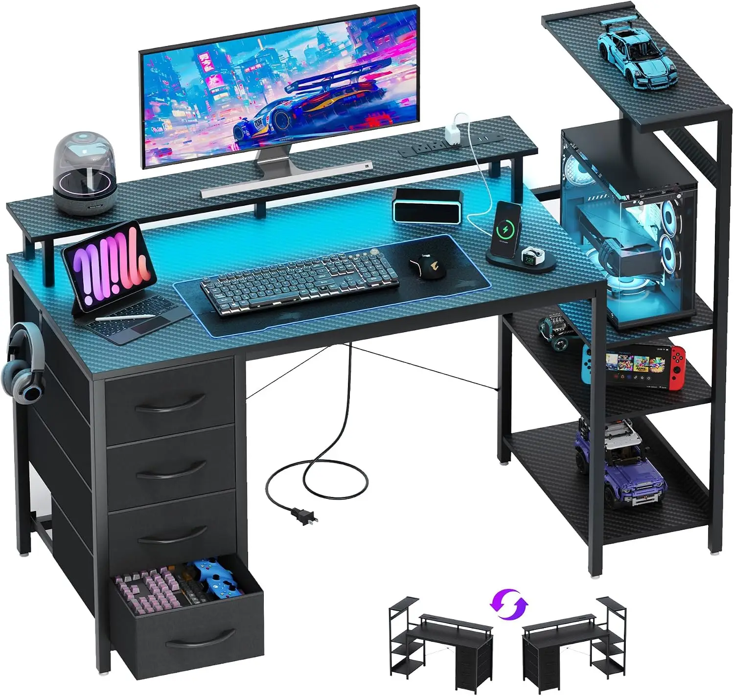51 Inch Gaming Desk with Drawers & PC Tower Stand & LED Lights, Black | Reversible, Monitor Shelf, Power Outlets, Carbon Fiber,