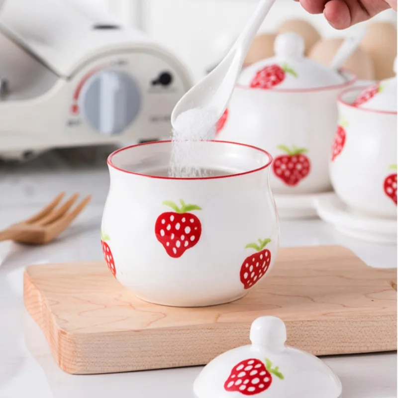 Korean Cartoon Strawberry Ceramic Condiment Jar Set Creative Salt Pepper Shaker 3-piece Set Ceramic Base Home MSG Sugar Storage 6