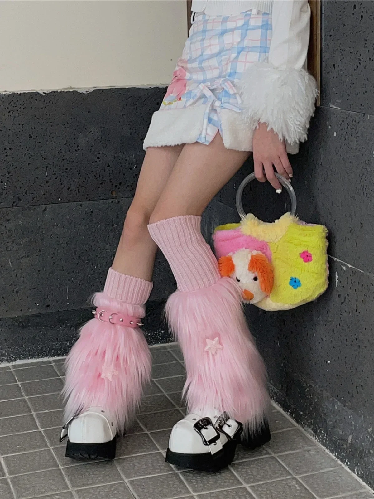 Y2k  Leg Socks Pink Harajuku Subculture 3 Piece Sets Leg Warmers Rivet Belt Plush Knit Socks Japanese Style Leg Covers