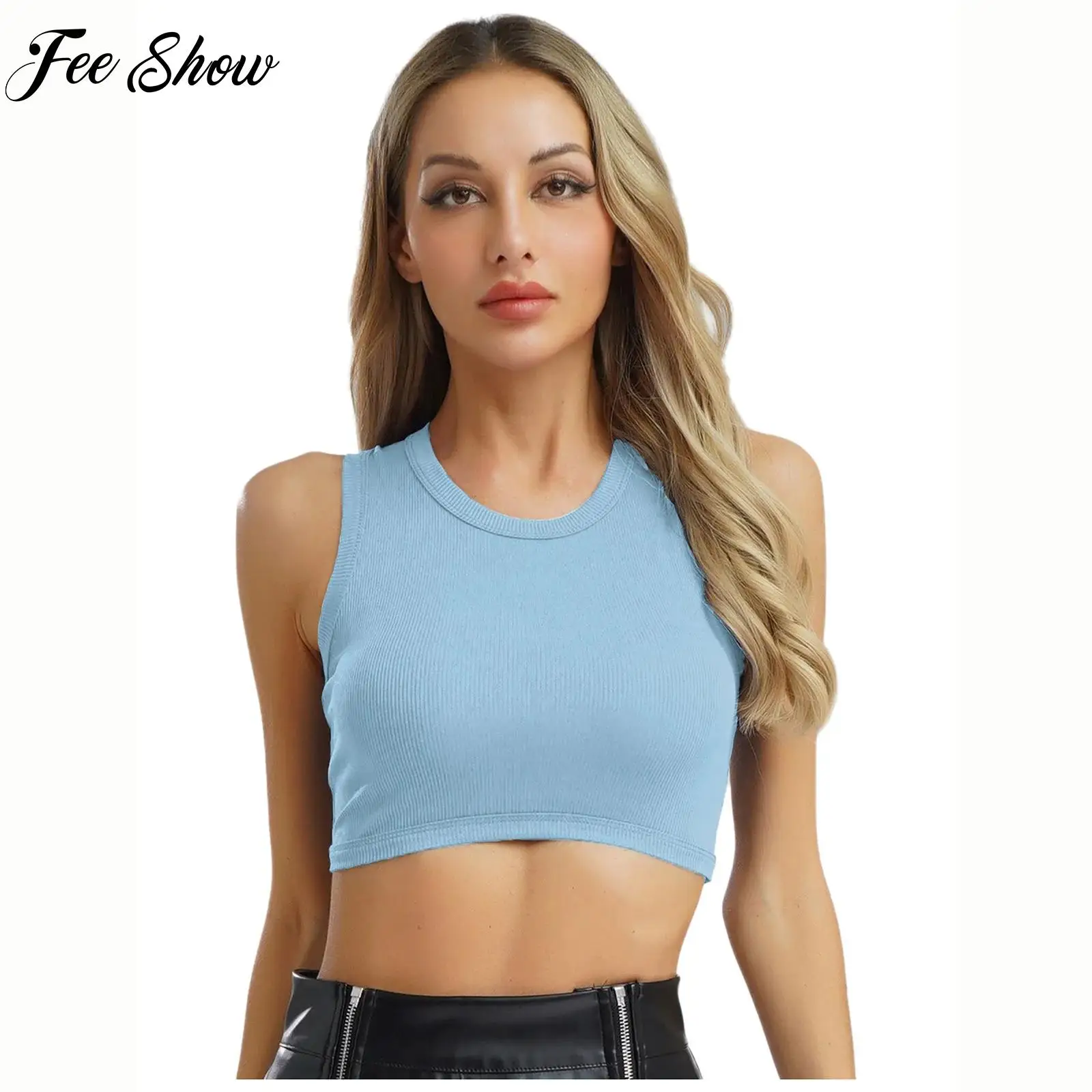 

European And American Style Womens Sleeveless Round Neck Ribbed Knitted Crop Top Female Casual Vest Fashion Wear Party Clubwear