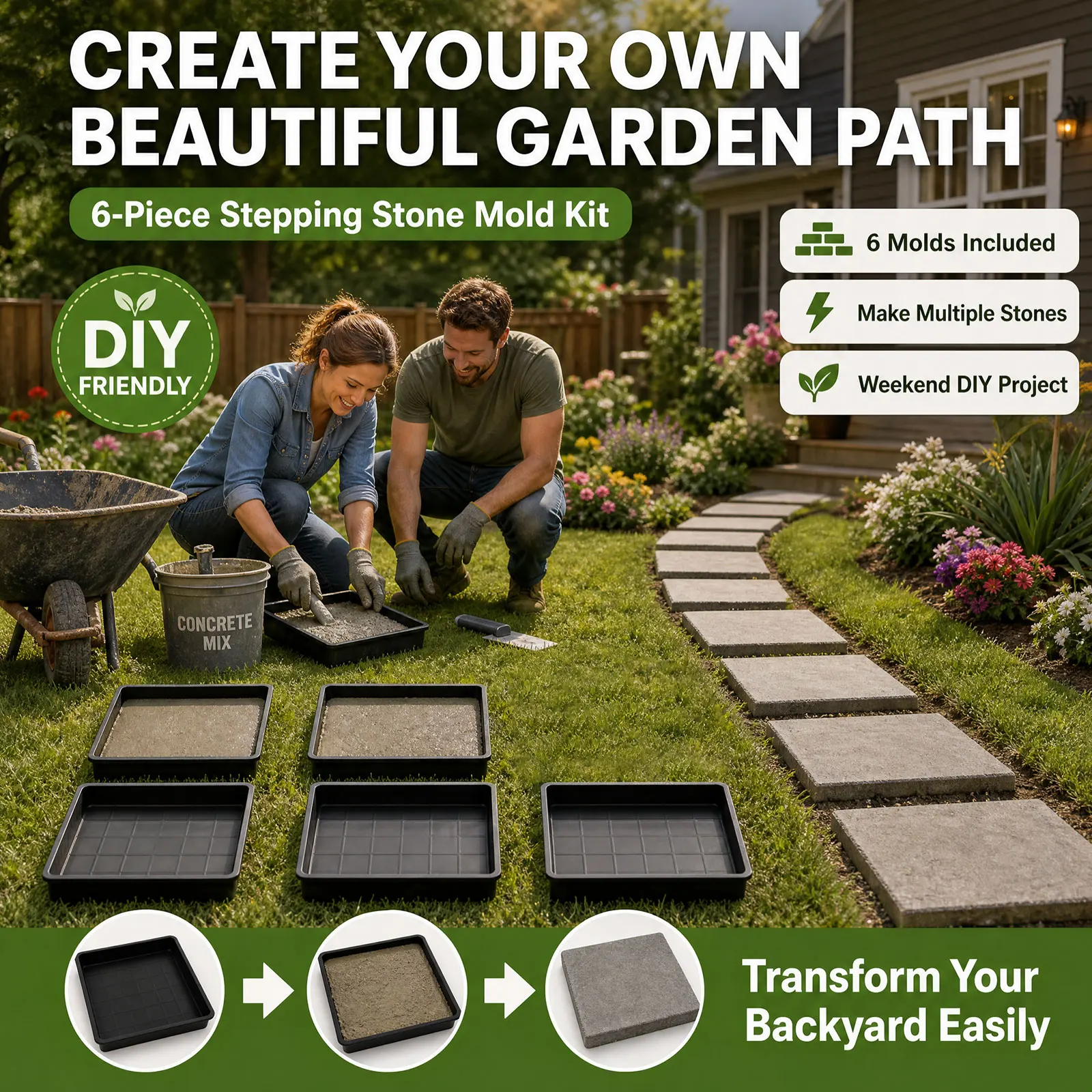 6 Pack 12 Inch Concrete Stepping Stone Molds Reusable Path Maker Plastic Paver Mold for DIY Garden Walkway Patio Yard Landscapin view 3