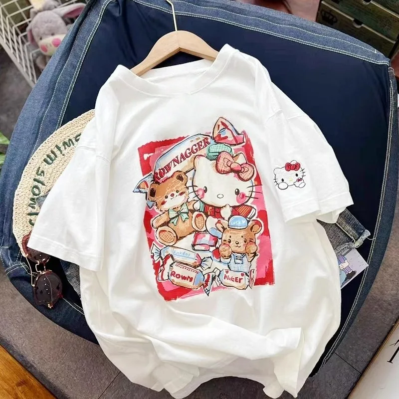 

Корейская футболка с 3D принтом Candy Kitty Cat, женская свободная и универсальная быстросохнущая футболка с круглым вырезом, модный топ